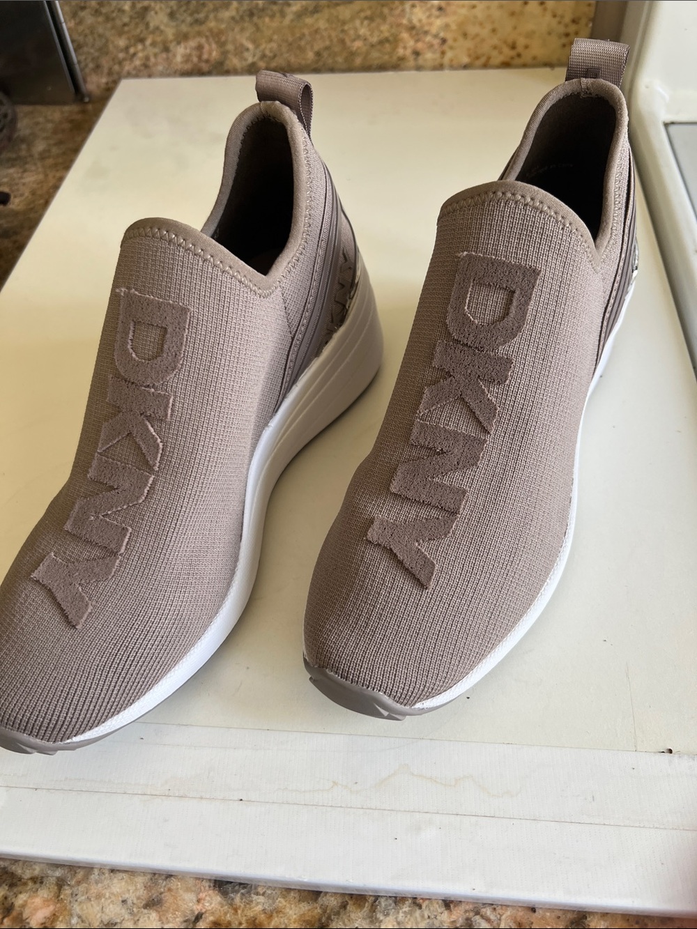DKNY Taupe Slip-On Knit Platform wedge Sneakers for Women